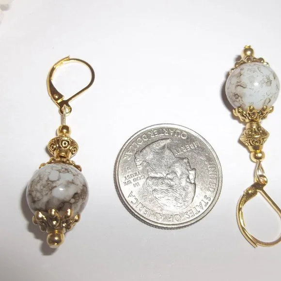 Gold Brown White Beaded Dangle Earrings Set Lever Back Gift Idea for Her 7134 - Picture 3 of 8